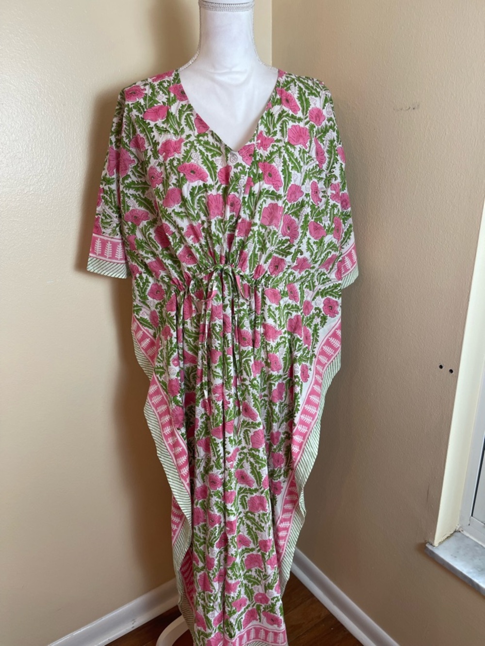 Boho Floral Caftan Maxi Dress Cotton Kaftan Resort Vacation Folk Print Artsy OS - Picture 3 of 14